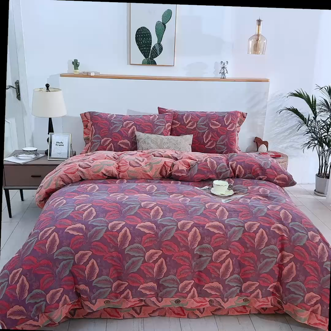 91家纺网 家纺一手货源 找家纺 鲁爱 2024新款全棉色织双层纱纽扣款四件套 叶语柔情-紫罗兰