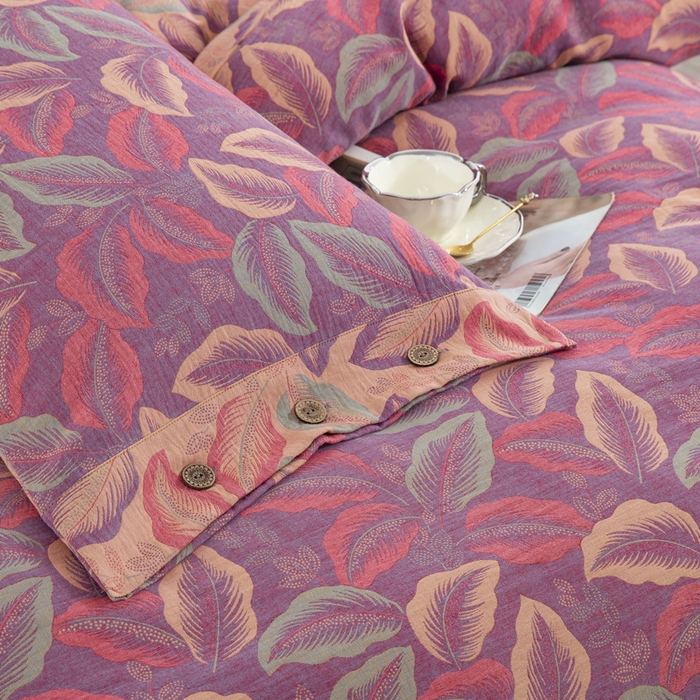 91家纺网 家纺一手货源 找家纺 鲁爱 2024新款全棉色织双层纱纽扣款四件套 叶语柔情-紫罗兰