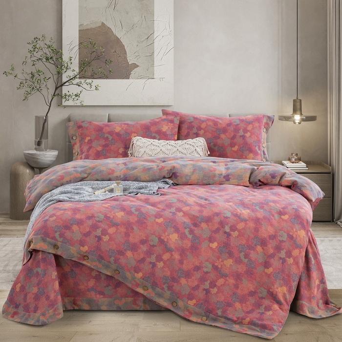 91家纺网 家纺一手货源 找家纺 鲁爱 2025新款全棉色织双层纱纽扣款四件套 花影重叠-粉