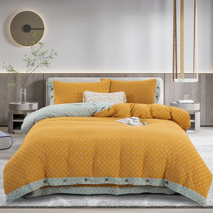 91家纺网 家纺一手货源 找家纺 鲁爱 2025新款全棉色织双层纱纽扣款四件套 幸福星-黄