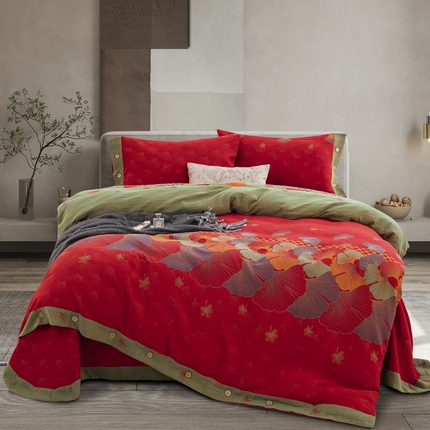 鲁爱 2025新款全棉色织双层纱纽扣款四件套 银彬乡恋-红