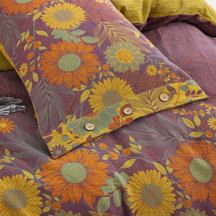 91家纺网 家纺一手货源 找家纺 鲁爱 2025新款全棉色织双层纱纽扣款四件套 花开半夏-紫罗兰