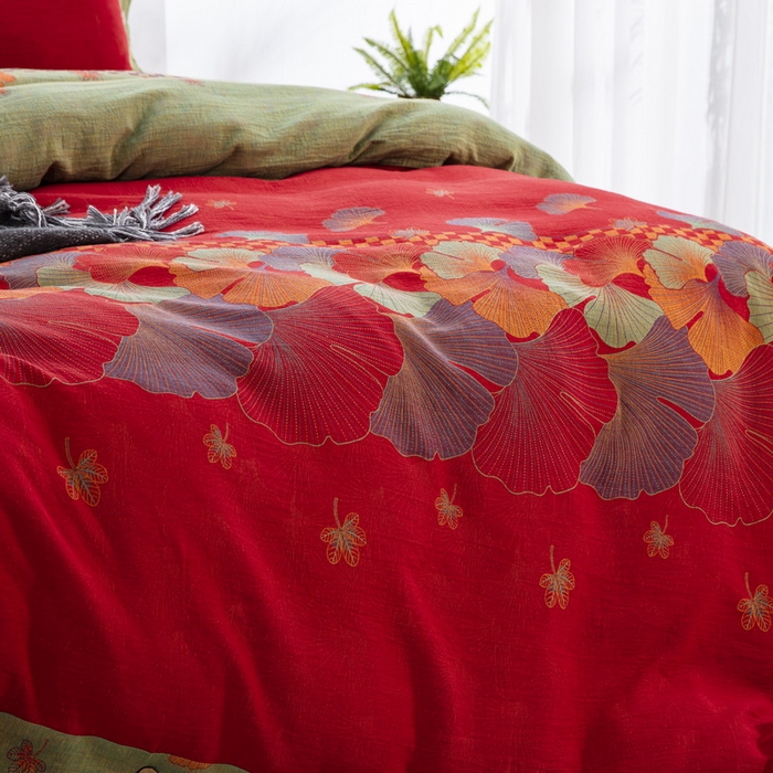 91家纺网 家纺一手货源 找家纺 鲁爱 2025新款全棉色织双层纱纽扣款四件套 银彬乡恋-红