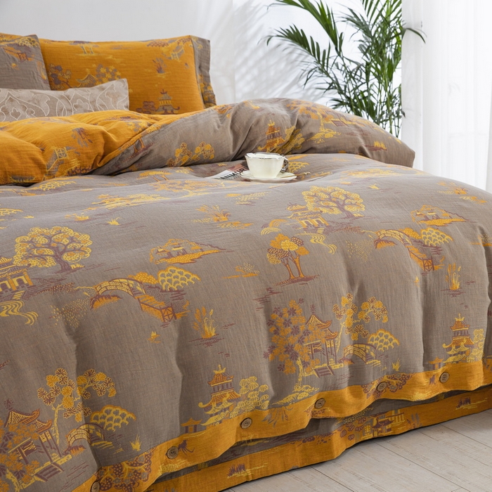 91家纺网 家纺一手货源 找家纺 鲁爱 2025新款全棉色织双层纱纽扣款四件套 逸彩之林-灰