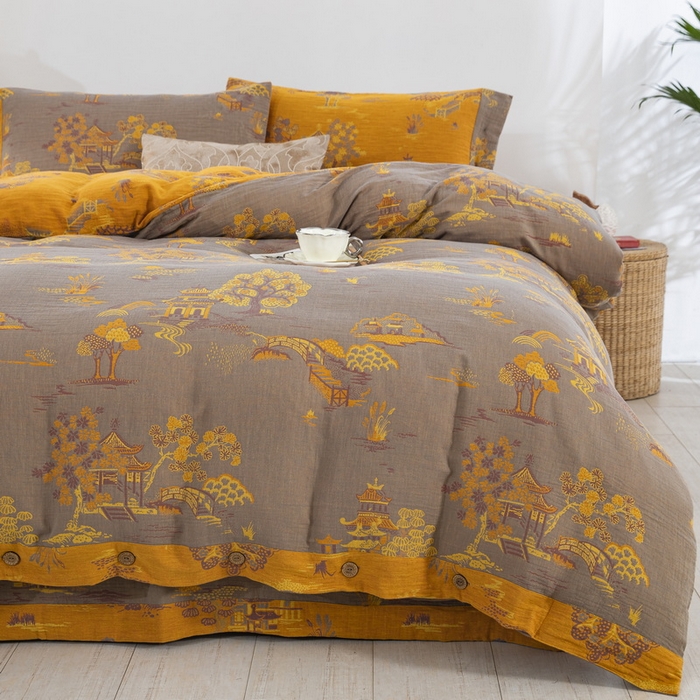 91家纺网 家纺一手货源 找家纺 鲁爱 2025新款全棉色织双层纱纽扣款四件套 逸彩之林-灰