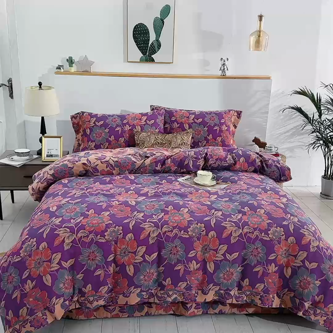 91家纺网 家纺一手货源 找家纺 鲁爱 2025新款全棉色织双层纱纽扣款四件套 花开时节-紫