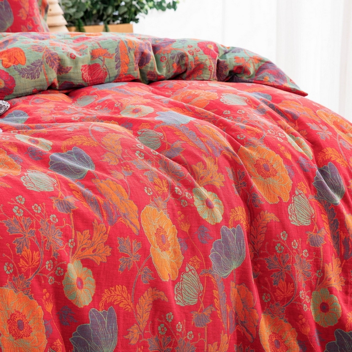 91家纺网 家纺一手货源 找家纺 鲁爱 2025新款全棉色织双层纱纽扣款四件套 虞美人-红