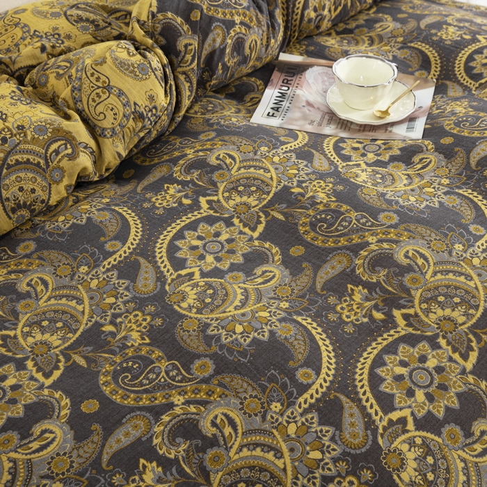 91家纺网 家纺一手货源 找家纺 鲁爱 2025新款全棉色织双层纱纽扣款四件套 莲年有鱼-黑金