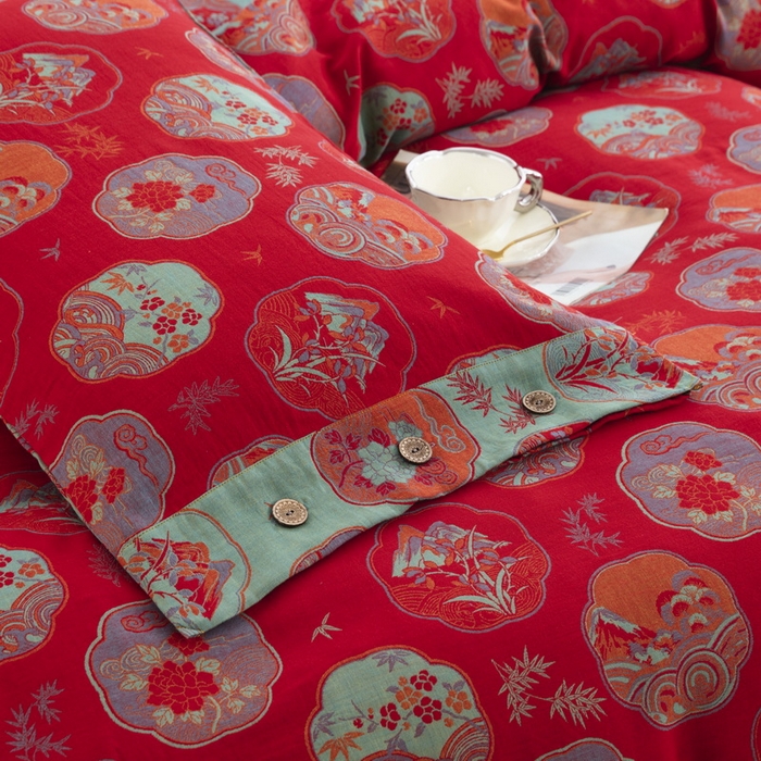 91家纺网 家纺一手货源 找家纺 鲁爱 2025新款全棉色织双层纱纽扣款四件套 镜花水月-红