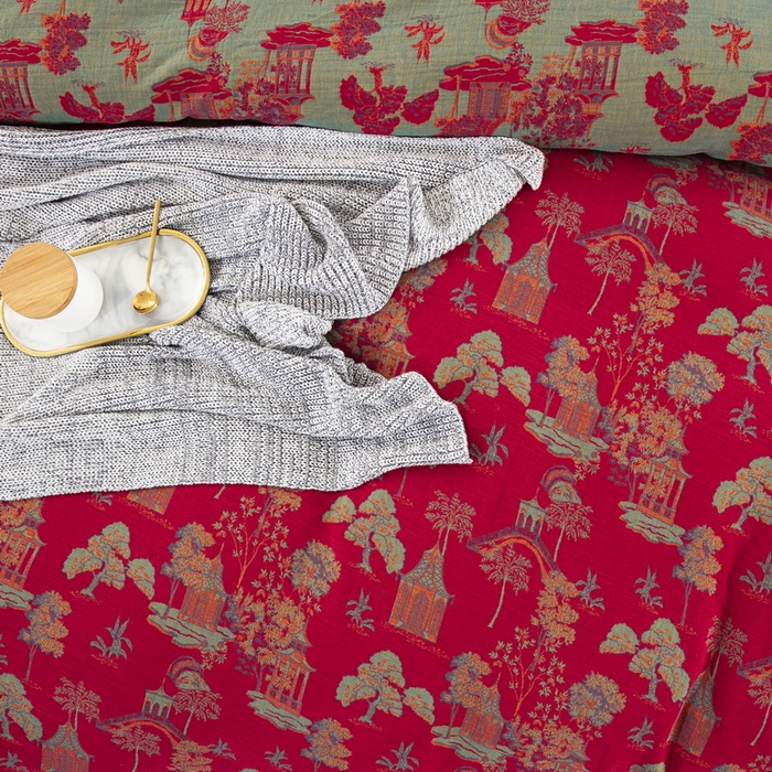 91家纺网 家纺一手货源 找家纺 鲁爱 2025新款全棉色织双层纱纽扣款四件套 蓝调-红