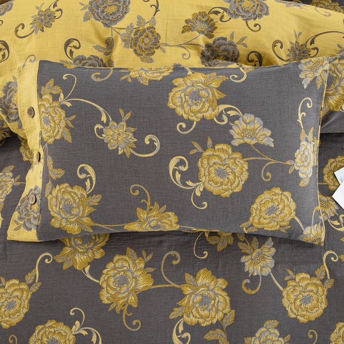 91家纺网 家纺一手货源 找家纺 鲁爱 2025新款全棉色织双层纱纽扣款四件套 一路生花-黑金