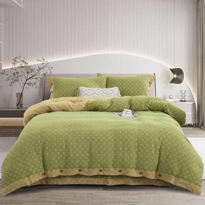 91家纺网 家纺一手货源 找家纺 鲁爱 2025新款全棉色织双层纱纽扣款四件套 幸福星-绿