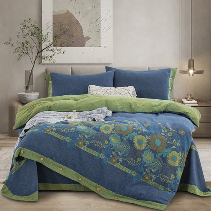 鲁爱 2025新款全棉色织双层纱纽扣款四件套 花开半夏-兰