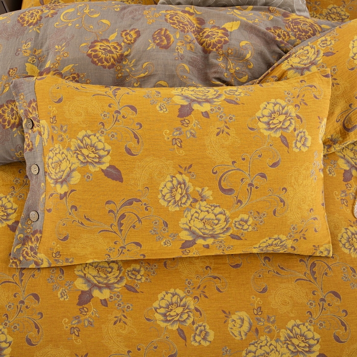 91家纺网 家纺一手货源 找家纺 鲁爱 2025新款全棉色织双层纱纽扣款四件套 陌上花开-黄