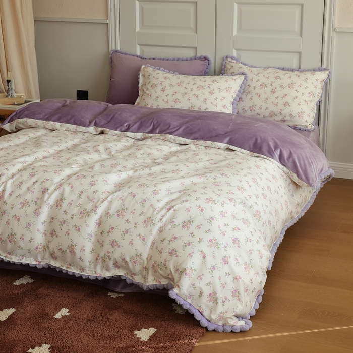 91家纺网 家纺一手货源 找家纺 棉眠 2024新款棉加绒毛球款四件套第二批 粉红雪山（棉加绒）