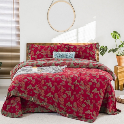 鲁爱 2025新款全棉色织双层纱纽扣款四件套 蓝调-红