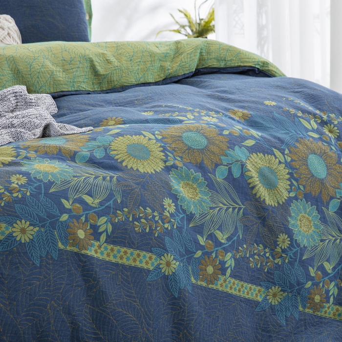 91家纺网 家纺一手货源 找家纺 鲁爱 2025新款全棉色织双层纱纽扣款四件套 花开半夏-兰