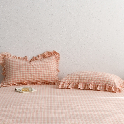 忘忧草 2024新款全棉格子花边枕套 简爱-粉