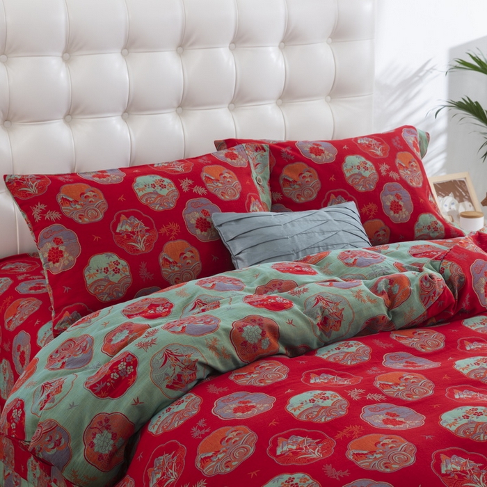 91家纺网 家纺一手货源 找家纺 鲁爱 2025新款全棉色织双层纱纽扣款四件套 镜花水月-红