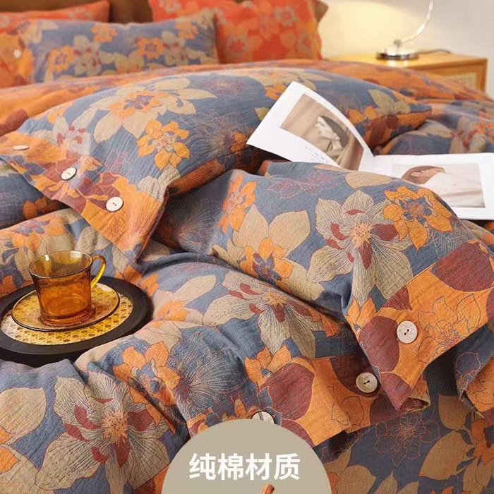 91家纺网 家纺一手货源 找家纺 鲁爱 2025新款全棉色织双层纱纽扣款四件套 云梦花镜-蓝