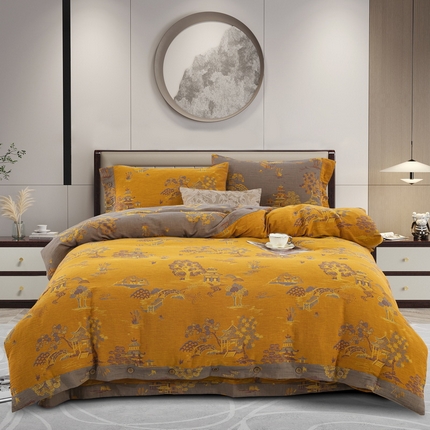 鲁爱 2025新款全棉色织双层纱纽扣款四件套 逸彩之林-黄