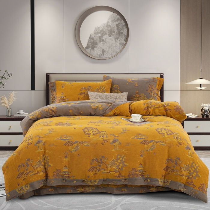 91家纺网 家纺一手货源 找家纺 鲁爱 2025新款全棉色织双层纱纽扣款四件套 逸彩之林-黄