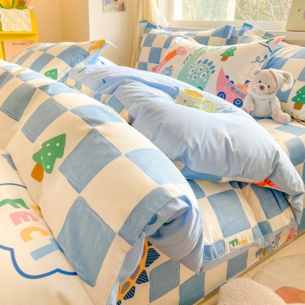 绵庭家纺 2024新款全棉印花四件套 恐龙迎新会 蓝