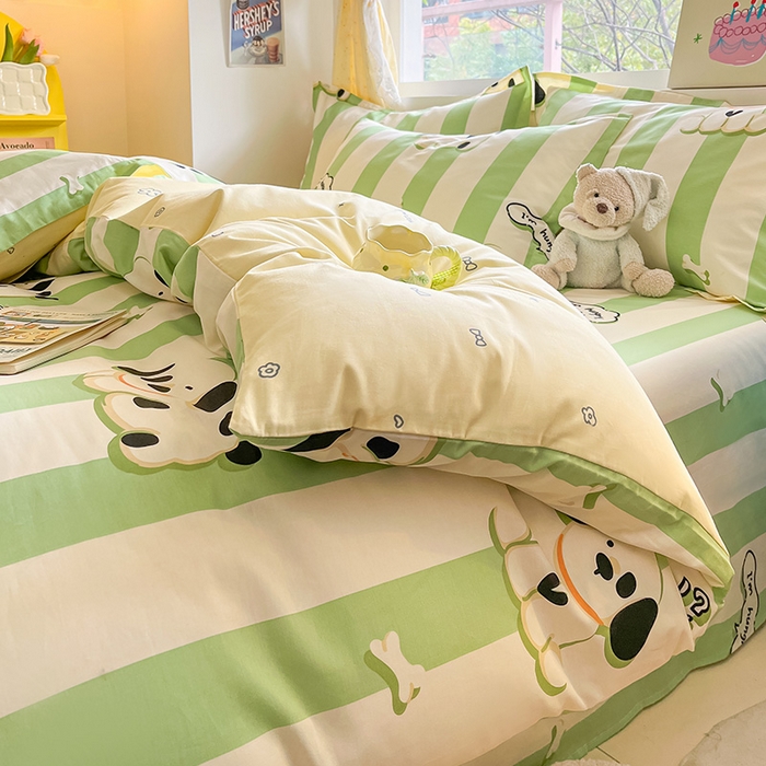 91家纺网 家纺一手货源 找家纺 绵庭家纺 2024新款全棉印花四件套 奶油狗 绿