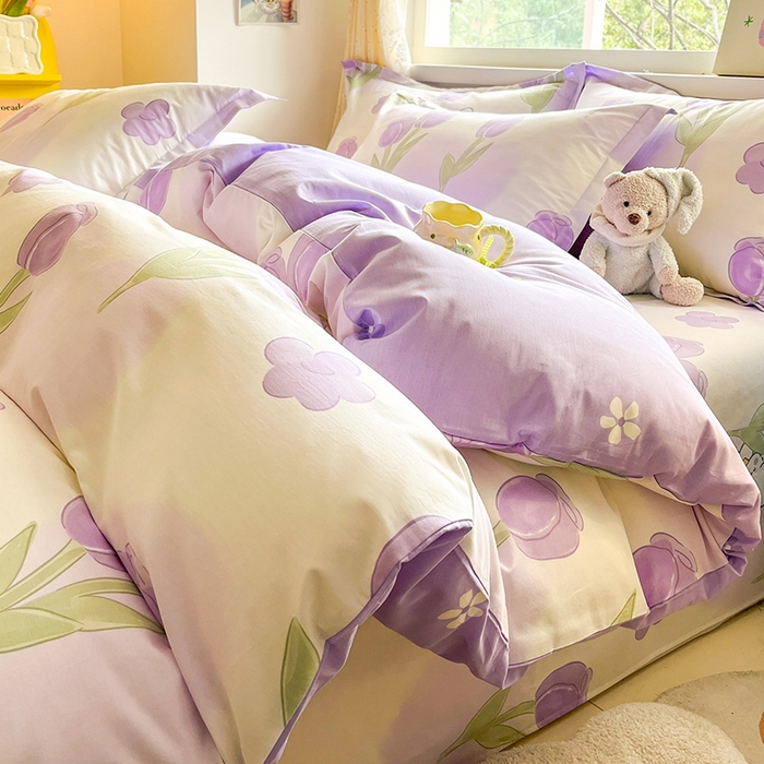 91家纺网 家纺一手货源 找家纺 绵庭家纺 2024新款全棉印花四件套 丛林小兔 紫