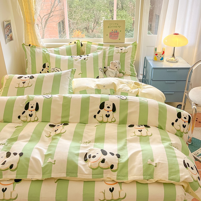 91家纺网 家纺一手货源 找家纺 绵庭家纺 2024新款全棉印花四件套 奶油狗 绿