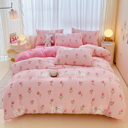 91家纺网 家纺一手货源 找家纺 仟网汇 2024直播爆款跑量牛奶绒四件套 春日兔