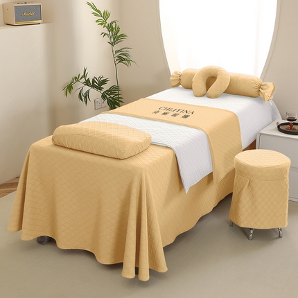 91家纺网 家纺一手货源 找家纺 琪宝阁 2024新款莫代尔针织棉美 容床罩套件-华夫格 黄色+白被套