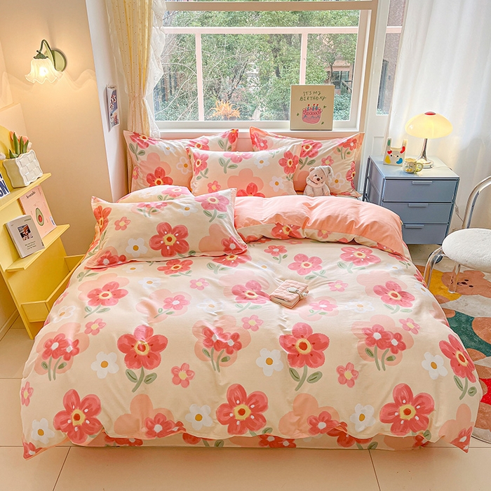 91家纺网 家纺一手货源 找家纺 绵庭家纺 2024新款全棉印花四件套 花之梦 红