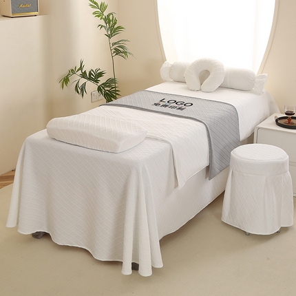 91家纺网 家纺一手货源 找家纺 琪宝阁 2024新款莫代尔针织棉美 容床罩套件-华夫格 米白+灰色床旗