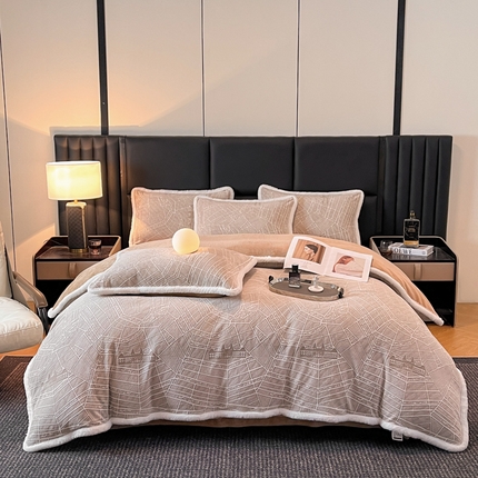 91家纺网 家纺一手货源 找家纺 诺梵家纺 2025新款兔毛绒包边 雕花绒四件套 江南-卡其