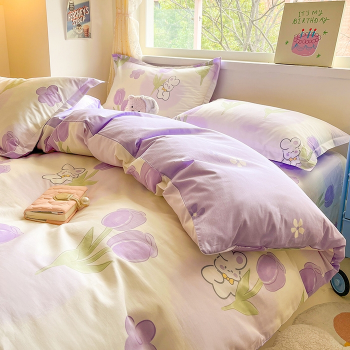 91家纺网 家纺一手货源 找家纺 绵庭家纺 2024新款全棉印花四件套 丛林小兔 紫