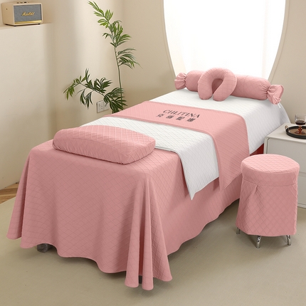 91家纺网 家纺一手货源 找家纺 琪宝阁 2024新款莫代尔针织棉美 容床罩套件-华夫格 粉色+白被套