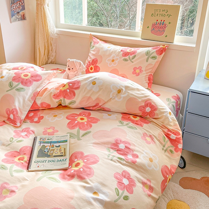 91家纺网 家纺一手货源 找家纺 绵庭家纺 2024新款全棉印花四件套 花之梦 红