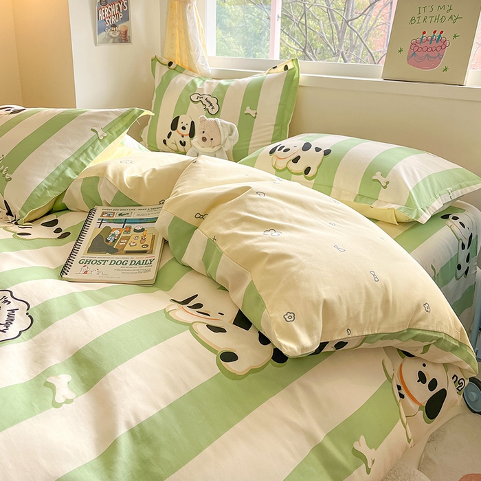 91家纺网 家纺一手货源 找家纺 绵庭家纺 2024新款全棉印花四件套 奶油狗 绿