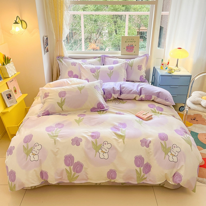 91家纺网 家纺一手货源 找家纺 绵庭家纺 2024新款全棉印花四件套 丛林小兔 紫