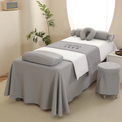 91家纺网 家纺一手货源 找家纺 琪宝阁 2024新款莫代尔针织棉美 容床罩套件-华夫格 灰色+白被套