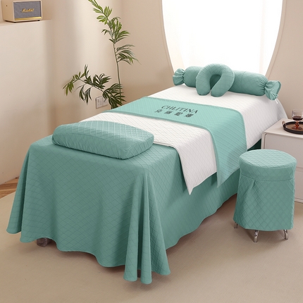 91家纺网 家纺一手货源 找家纺 琪宝阁 2024新款莫代尔针织棉美 容床罩套件-华夫格 绿色+白被套
