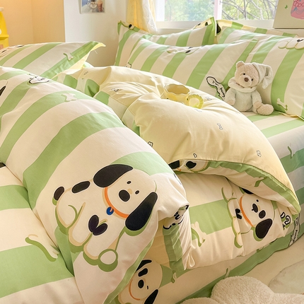 绵庭家纺 2024新款全棉印花四件套 奶油狗 绿