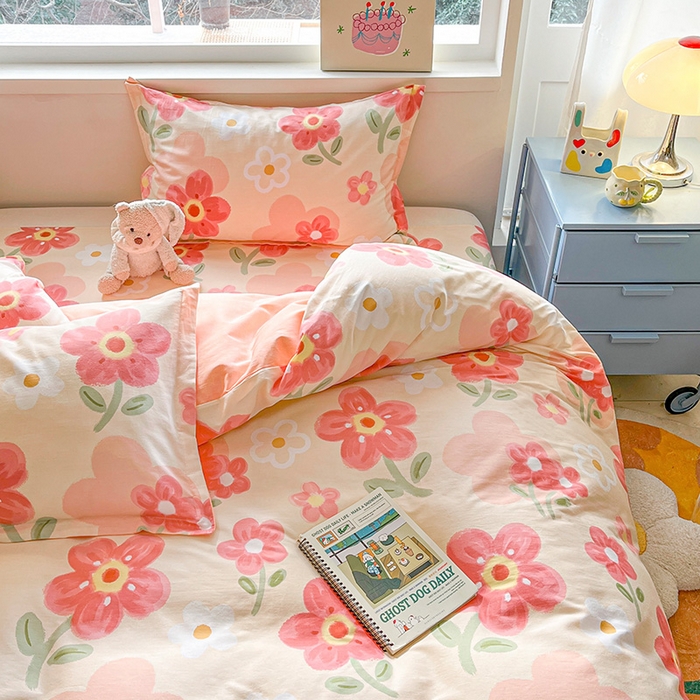 91家纺网 家纺一手货源 找家纺 绵庭家纺 2024新款全棉印花四件套 花之梦 红