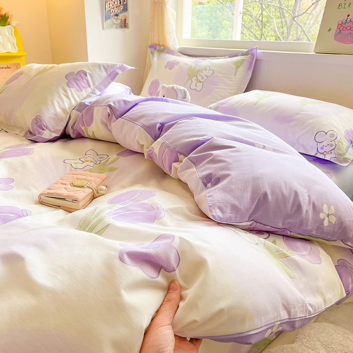 91家纺网 家纺一手货源 找家纺 绵庭家纺 2024新款全棉印花四件套 丛林小兔 紫