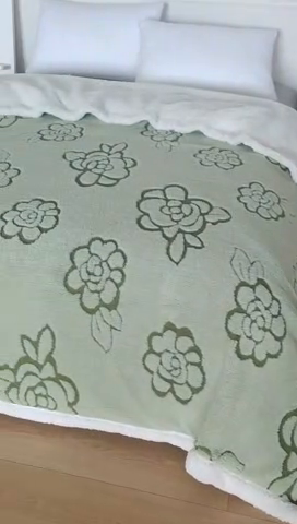 91家纺网 家纺一手货源 找家纺 巴木赫 2024新款提花朵朵绒双层羊羔绒毯 茶绿