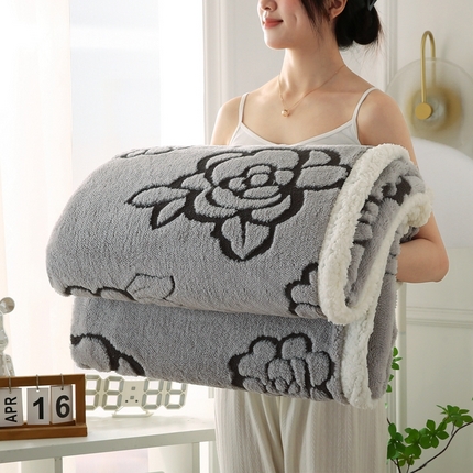 巴木赫 2024新款提花朵朵绒双层羊羔绒毯 浅灰