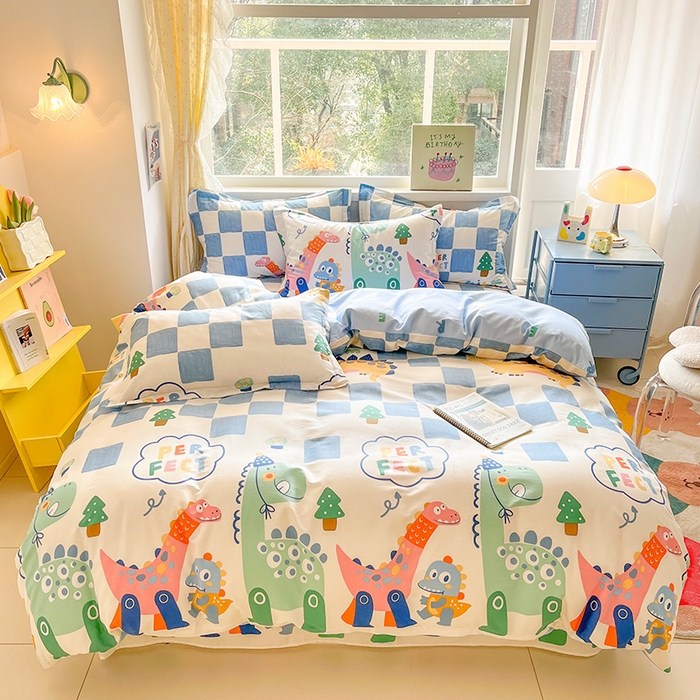 91家纺网 家纺一手货源 找家纺 绵庭家纺 2024新款全棉印花四件套 恐龙迎新会 蓝