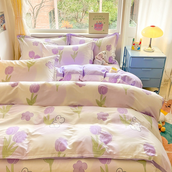 91家纺网 家纺一手货源 找家纺 绵庭家纺 2024新款全棉印花四件套 丛林小兔 紫