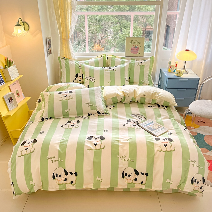 91家纺网 家纺一手货源 找家纺 绵庭家纺 2024新款全棉印花四件套 奶油狗 绿